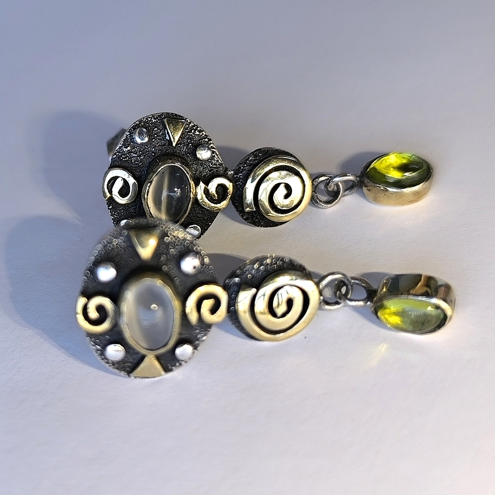 Natural Moonstone Peridot In Sterling Silver Gold Plated Accents Stud Earrings